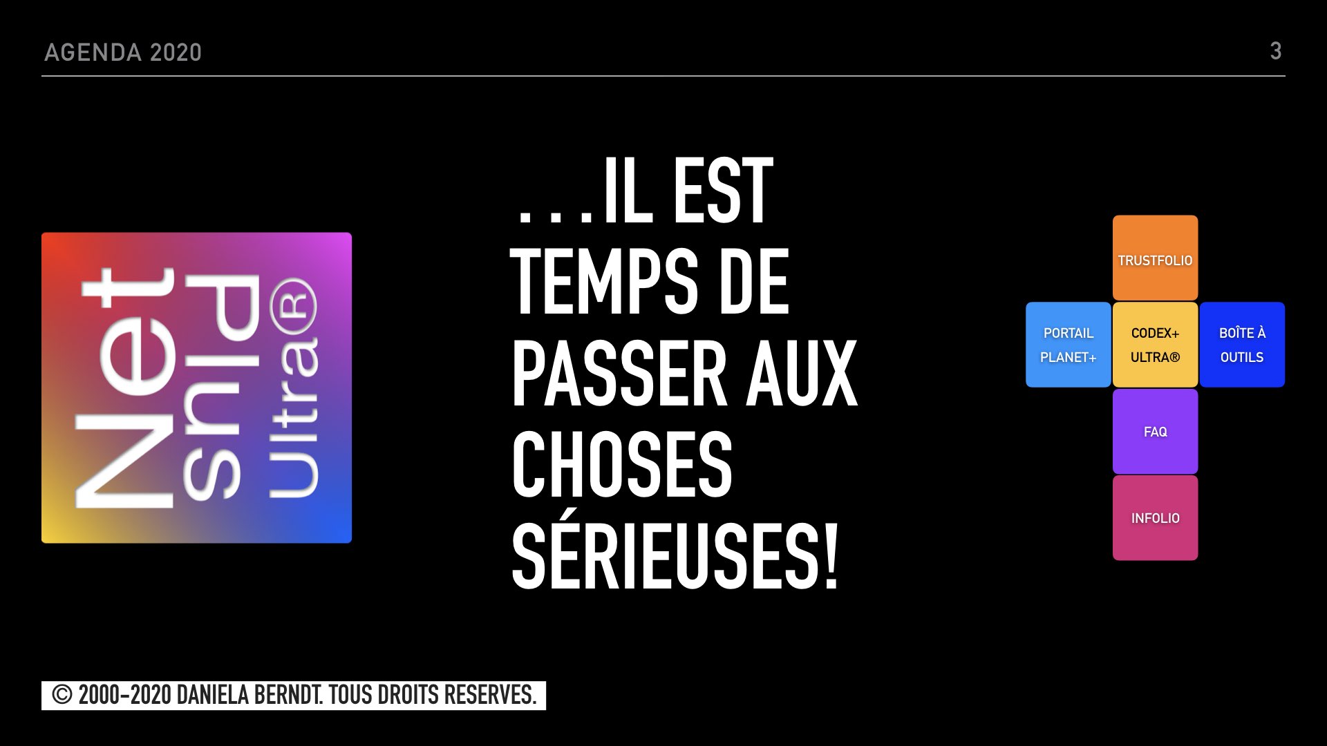  Rétrospective 2020. Redirection vers: dashfolio-2020.daniela-berndt.foundation/fr/weblog/slidefolio/, Keynote n° 3/3. Tous droits réservés. 